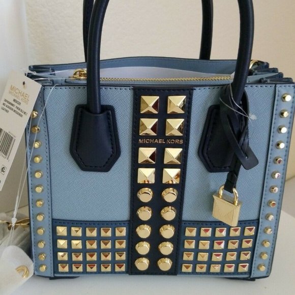 NEW Michael Kors Studded Tote Blue Leather Satchel - Picture 7 of 7